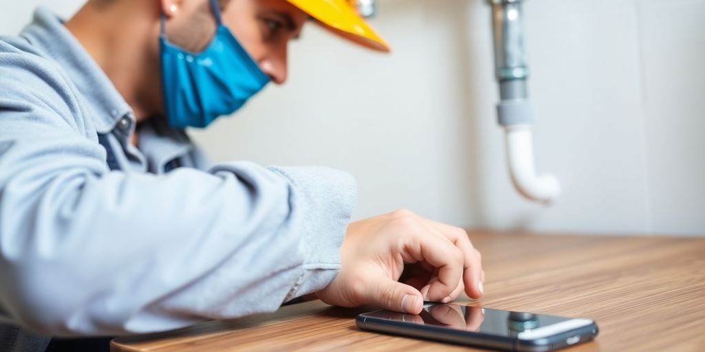Plumber reaching for a mobile phone during a job beneath exposed pipework